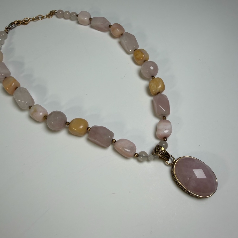Barse Rose Quartz Pendant Gold Toned Statement Necklace